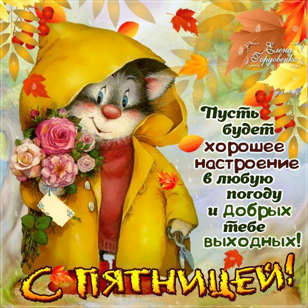 Открытки С пятницей осенняя открытка Пусть будет хорошее настроение в любую погоду. Открытка с котом в плаще. 