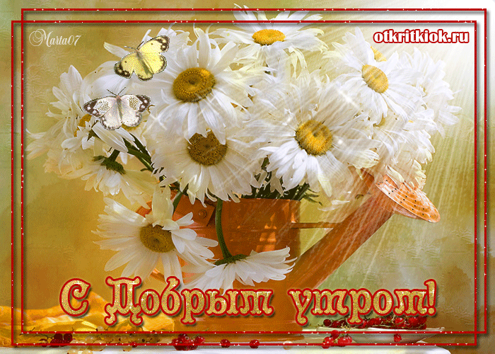С добрым утром лейка с большими ромашками и анимацией летающих бабочек