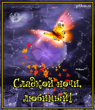 Картинка сладкой ночи любимый.Gif анимация с бабочкой и звездами на ночную тему.